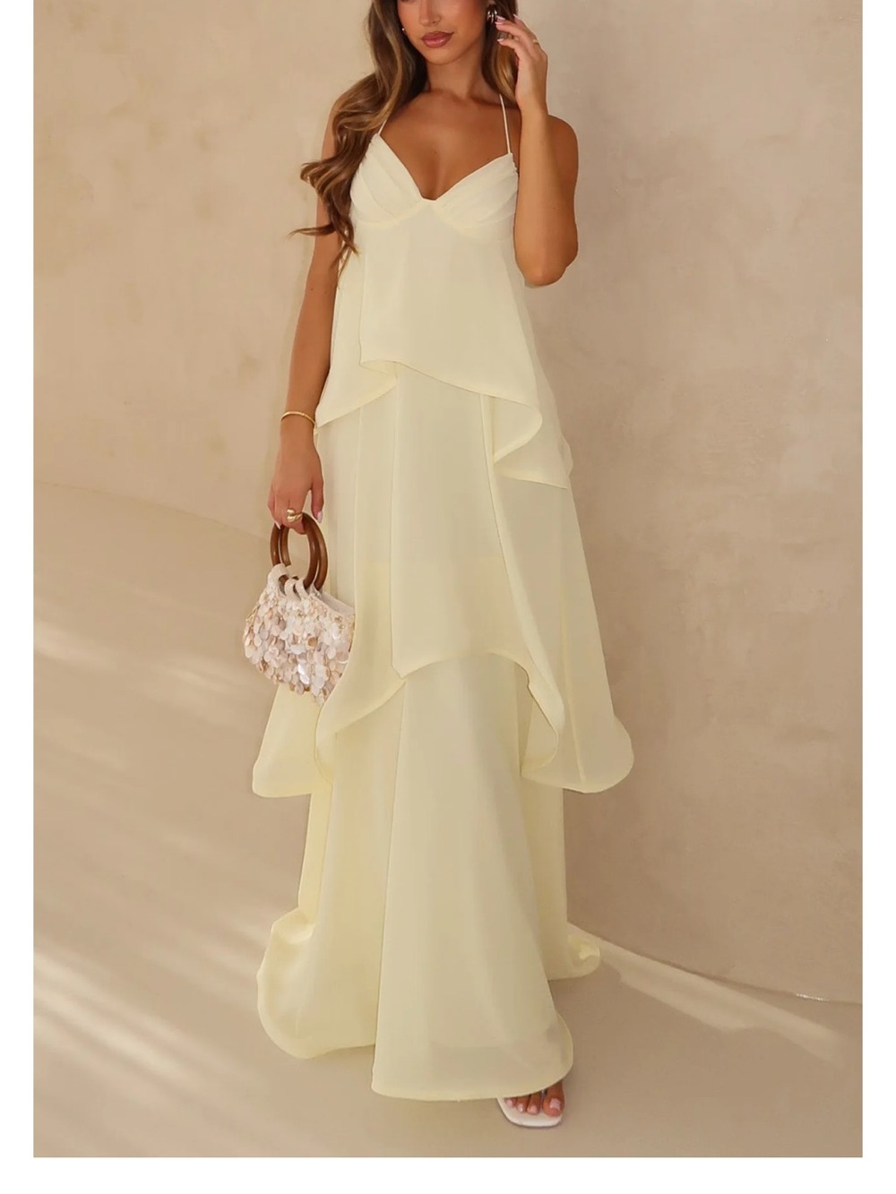 Elegant Yellow Spaghetti-Strap Layered Maxi Dress